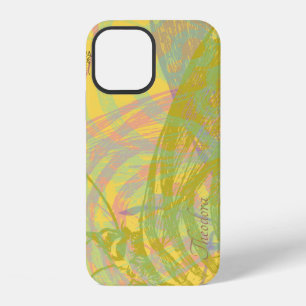Coque iPhone 12 Papillon doré abstrait jaune bleu pastel