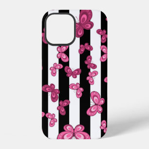Coque iPhone 12 Papillon motif sans couture sur fond blanc. Pa