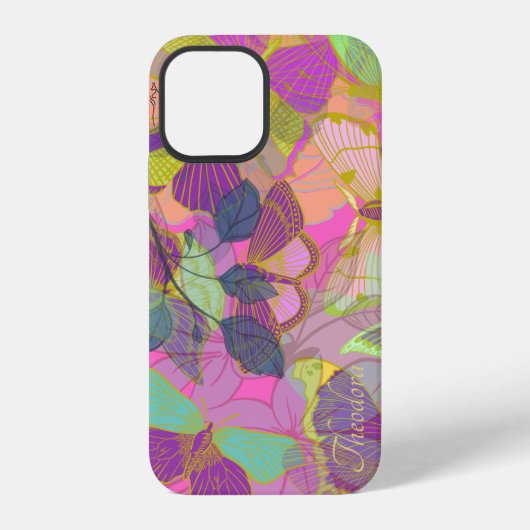 Coque iPhone 12 Papillon Violet Turquoise Or Chic (Verso)