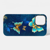 Coque iPhone 12 Papillons dorés sur fond bleu (Verso Horizontal)