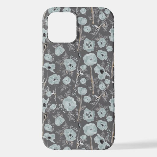 Coque iPhone 12 Papillons gris bleu noir Aquarelle Fleurs iPhone (Verso)