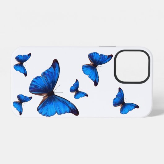 Coque iPhone 12 Papillons Morpho Bleus en vol (Verso Horizontal)