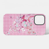 Coque iPhone 12 Papillons sur gingham rose (Verso Horizontal)