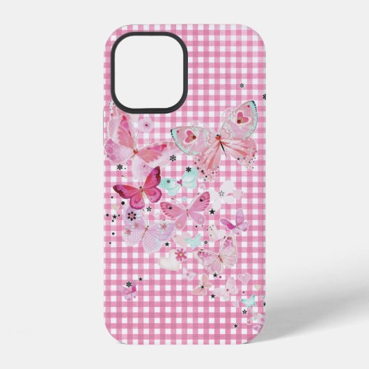 Coque iPhone 12 Papillons sur gingham rose (Verso)