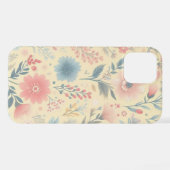 Coque iPhone 12 Pastel Floral rose & bleu sur jaune clair (Verso Horizontal)