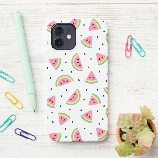 Coque iPhone 12 Pastèque rose, Graines de pastèque, Motif d'été (Sur le bureau)