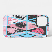 Coque iPhone 12 Patchwork flamingo tropical, motif de palmier. (Verso Horizontal)