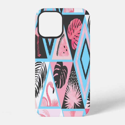 Coque iPhone 12 Patchwork flamingo tropical, motif de palmier. (Verso)