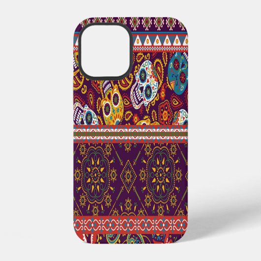 Coque iPhone 12 Patchwork mexicain : conception traditionnelle vin (Verso)