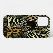 Coque iPhone 12 Patchwork Safari : Impression d'animal à l'aquarel (Verso Horizontal)