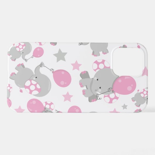 Coque iPhone 12 Pattern of Elephants, Cute Elephants - Pink Gray (Verso Horizontal)