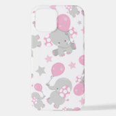 Coque iPhone 12 Pattern of Elephants, Cute Elephants - Pink Gray (Verso)