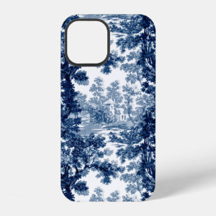 Coque iPhone 12 Paysage de chaumière vintage Toile-Bleu et Blanc