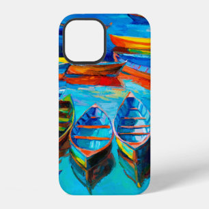 Coque iPhone 12 peinture à l'huile de bateaux et de mer sur toile.