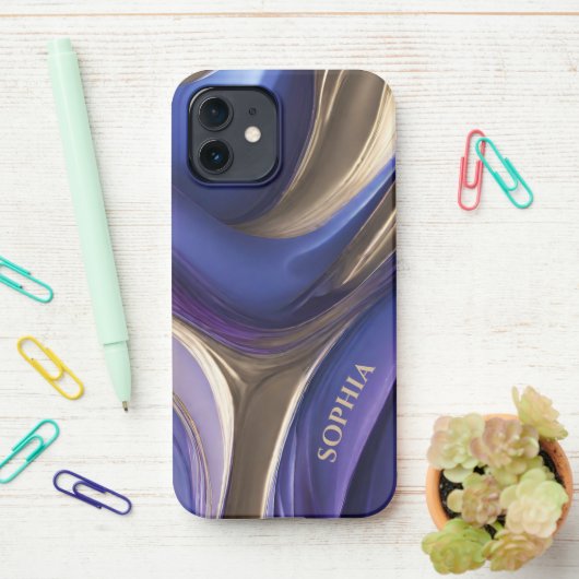 Coque iPhone 12 Personnalisé Abstrait-bleu, violet et or (Sur le bureau)