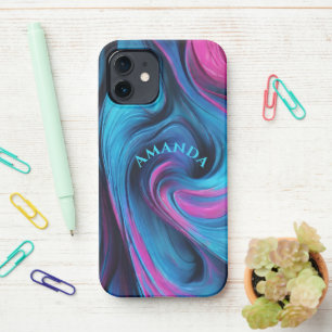 Coque iPhone 12 Personnalisé Moderne Abstrait-bleu et Fuchsia