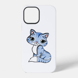 COQUE iPhone 12 PETIT CHATON BLEU CIEL SOURIANT AUX YEUX BLEUS.