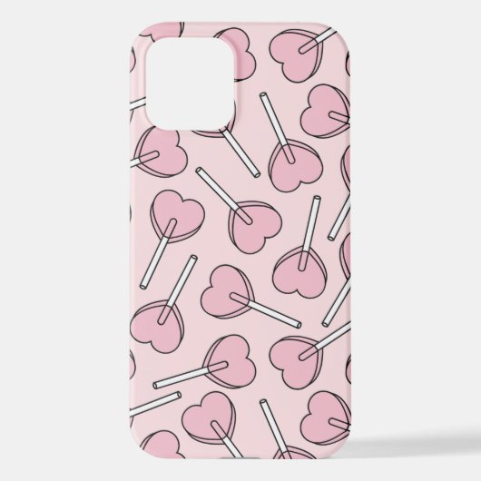 Coque iPhone 12 Pink Lollipops, Heart Lollipops, Lollipop Pattern (Verso)