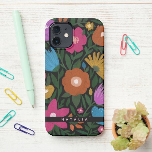 Coque iPhone 12 Plutôt Gras Florales Peintes | Nom (Sur le bureau)