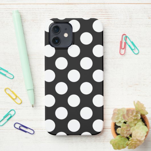 Coque iPhone 12 Pois noirs et blancs, Motif Polka (Sur le bureau)