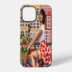 Coque iPhone 12 Poster d'Amsterdam : Pin-Up Girl Cycling.