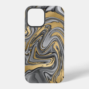 Coque iPhone 12 Pro Abstrait marbré noir, blanc et or avec tache d'hui