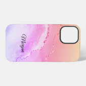 Coque iPhone 12 Pro Agate rose, violet et jaune, nom en script noir DI (Verso Horizontal)