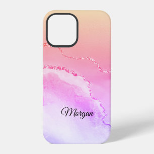 Coque iPhone 12 Pro Agate rose, violet et jaune, nom en script noir DI