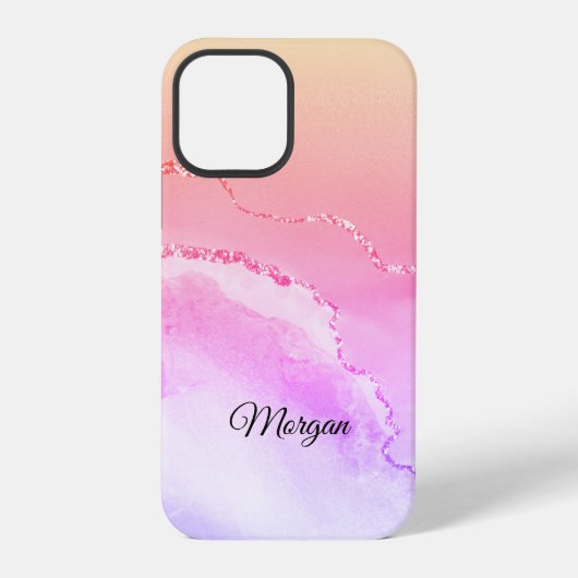 Coque iPhone 12 Pro Agate rose, violet et jaune, nom en script noir DI (Verso)