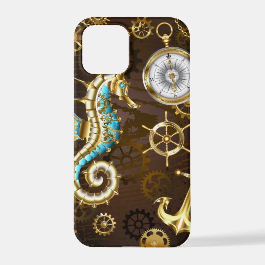 Coque iPhone 12 Pro Arrière - plan en bois avec cheval de mer mécaniqu (Verso)