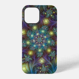 Coque iPhone 12 Pro Art fractal abstrait illuminé sarcelle violet