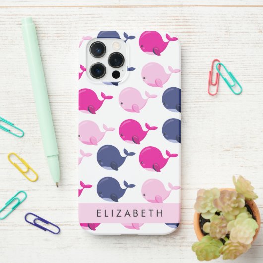 Coque iPhone 12 Pro Beaux Baleines, Motif De Baleines, Votre Nom (Sur le bureau)