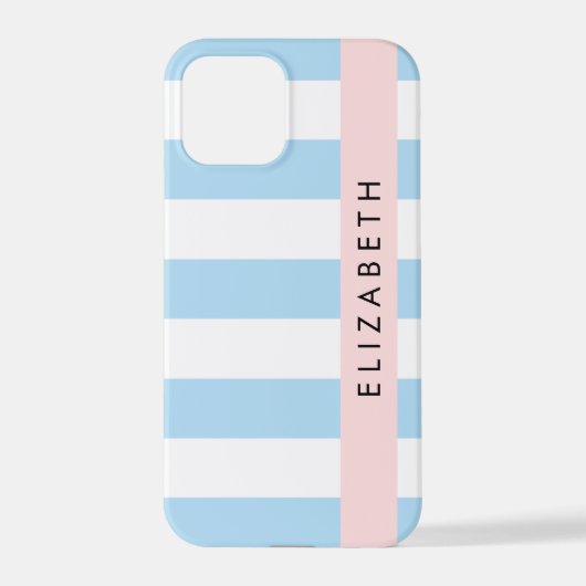 Coque iPhone 12 Pro Bleu, Motif rayé, Lignes, Votre Nom (Verso)