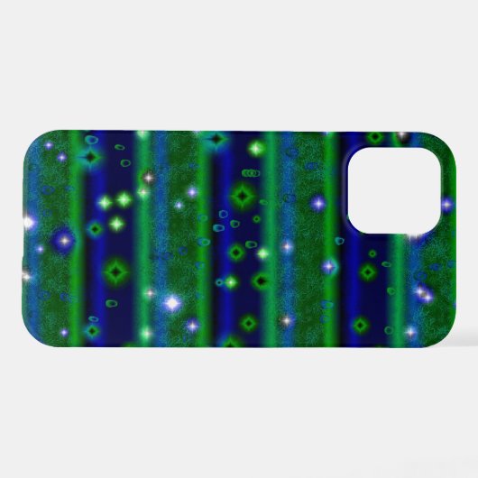 Coque iPhone 12 Pro Bleu vert rayures avec étoiles et Raindrops (Verso Horizontal)