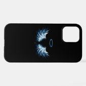 Coque iPhone 12 Pro Blue Glowing Angel Wings on black background (Verso Horizontal)