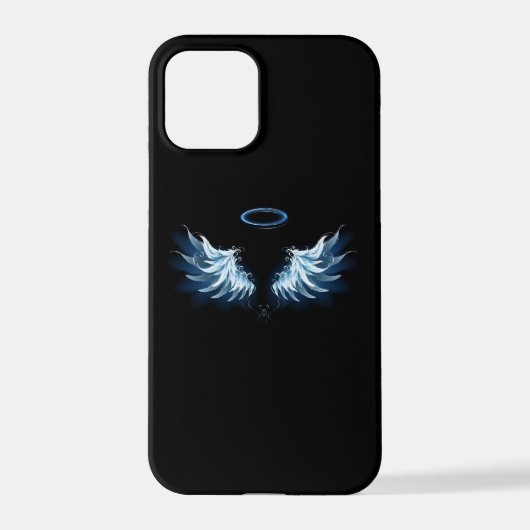 Coque iPhone 12 Pro Blue Glowing Angel Wings on black background (Verso)