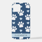 Coque iPhone 12 Pro Chien Paws, White Paws, Blue Hearts, Votre Nom (Verso)