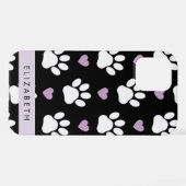 Coque iPhone 12 Pro Chien Paws, White Paws, Lilac Hearts, Votre Nom (Verso Horizontal)