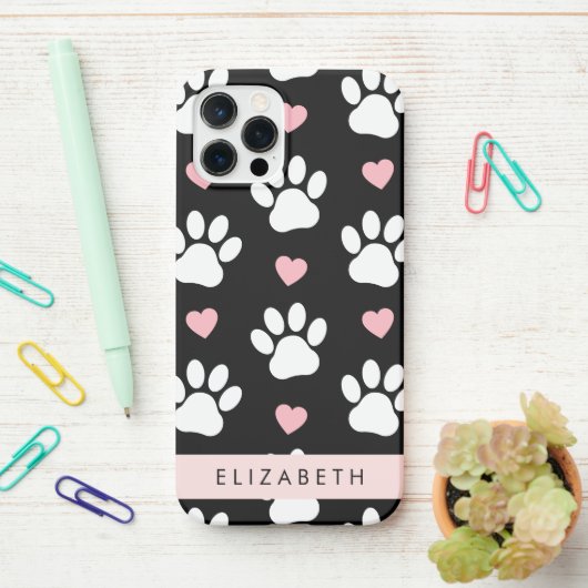 Coque iPhone 12 Pro Chien Paws, White Paws, Rose Hearts, Votre Nom (Sur le bureau)