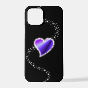Coque iPhone 12 Pro Coeur arc-en-ciel violet avec étoiles sur noir