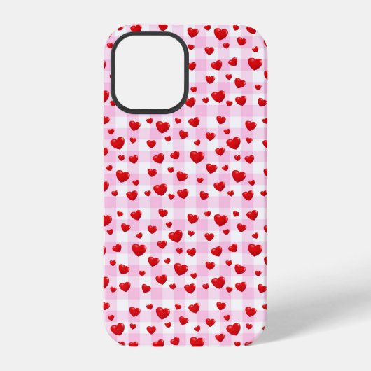 Coque iPhone 12 Pro cœurs rouges sur vichy rose (Verso)