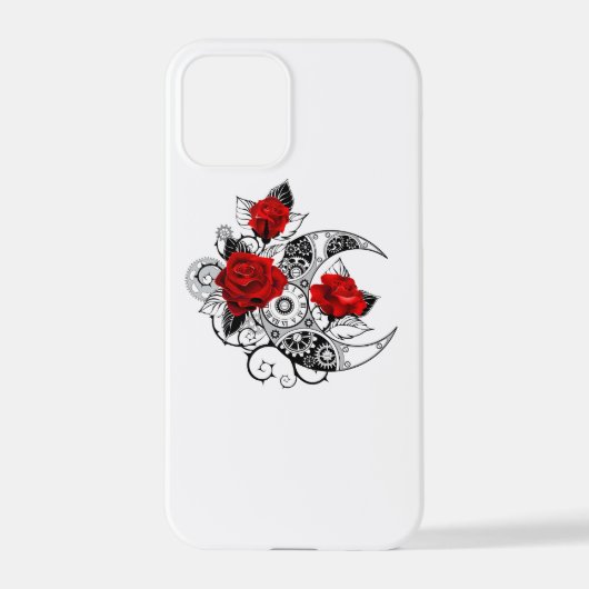 Coque iPhone 12 Pro Croissant mécanique avec roses rouges (Verso)