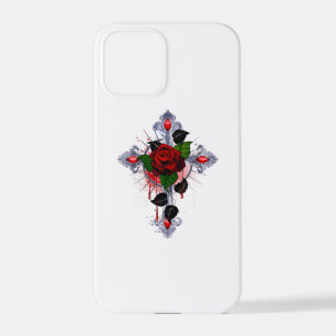 Coque iPhone 12 Pro Croix d'argent avec une rose rouge