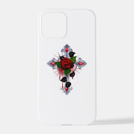 Coque iPhone 12 Pro Croix d'argent avec une rose rouge (Verso)