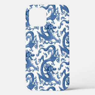 Coque iPhone 12 Pro Dragon de Chinoiserie Bleu et Blanc