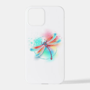Coque iPhone 12 Pro Dragonfly rouge sur l'arrière - plan aquarelle