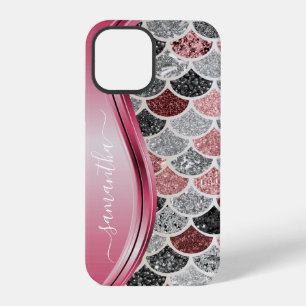 Coque iPhone 12 Pro Écaille de Sirène Argent Nom Manuscrit Rose