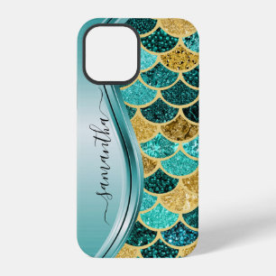 Coque iPhone 12 Pro Écailles de sirène Aqua Nom écrit à la main Or