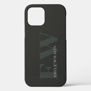 Coque iPhone 12 Pro Élégant Rustique Vert foncé noir Monogramme