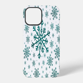 Coque iPhone 12 Pro Émeraude Vert Noël Snowflakes sur Blanc d'hiver